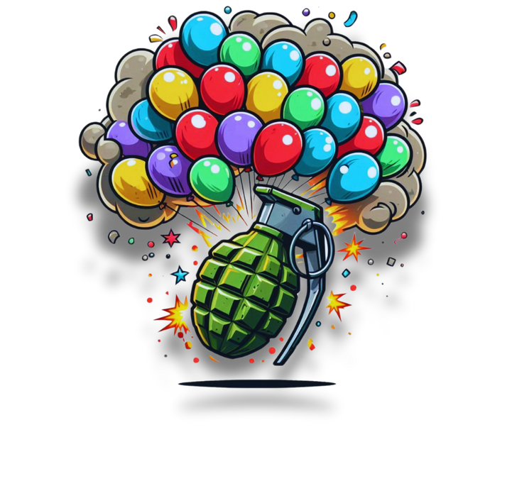 an illustration of a grenade with a bunch of colorful balloons